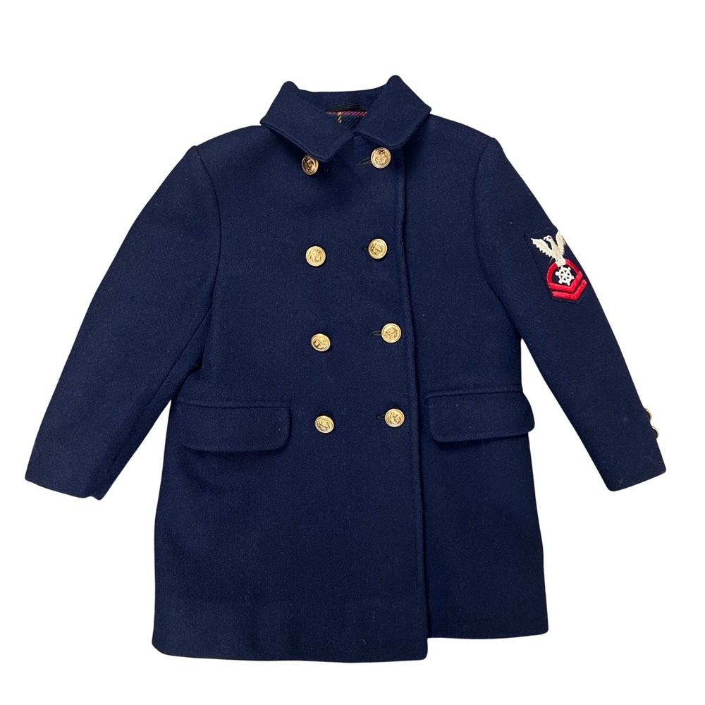 Kids Navy Blue Wool Double Breasted Pea Coat Gold Anchor Buttons Plaid Lining